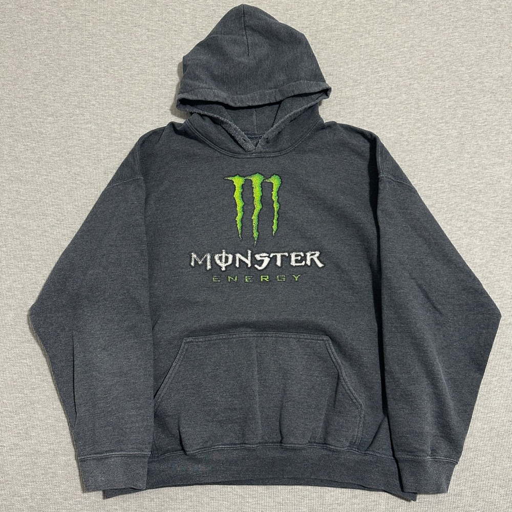Y2K Monster Energy Logo Pullover Hoodie Sweatshirt Charcoal Gray Mens XL